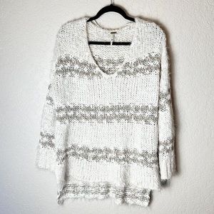 Free People Knit V neck tan stripe boxy side vent sweater